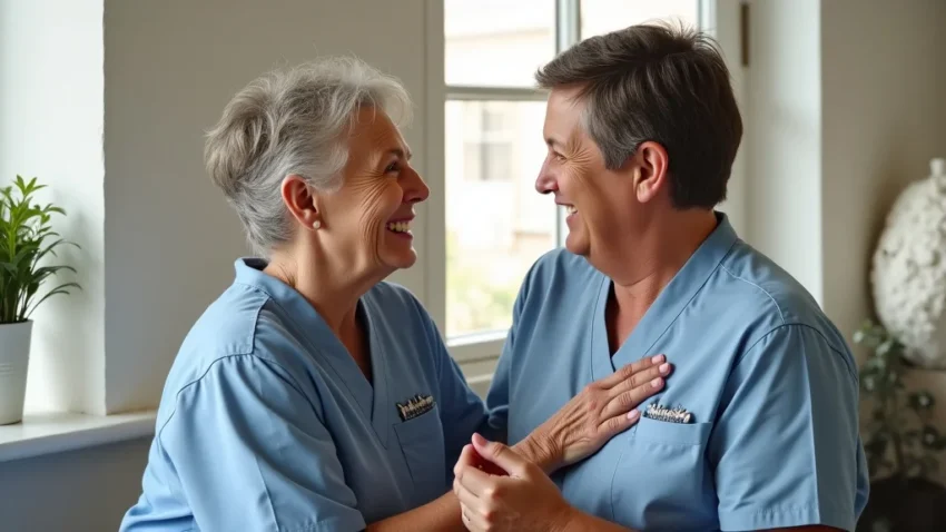 The image shows a woman reviewing documents about adding her mother to health insurance.