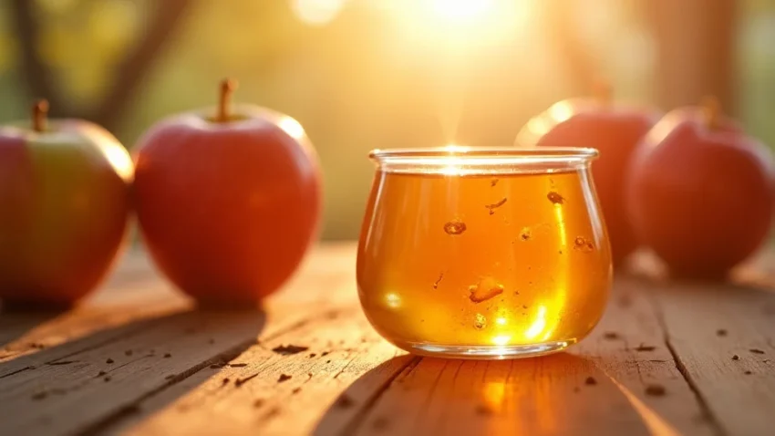 This image shows a jar of cloudy apple cider vinegar with its beneficial mother culture.