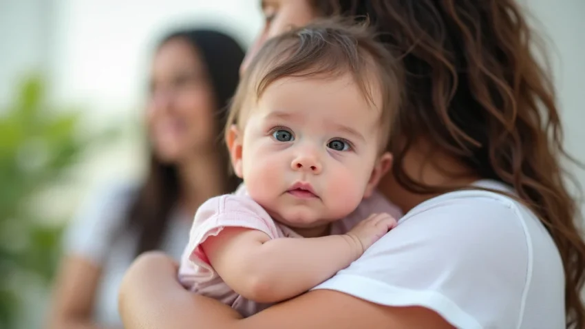 The image shows a diverse group of parents and babies interacting positively at a Healthy Mothers Healthy Babies Broward Resources event.