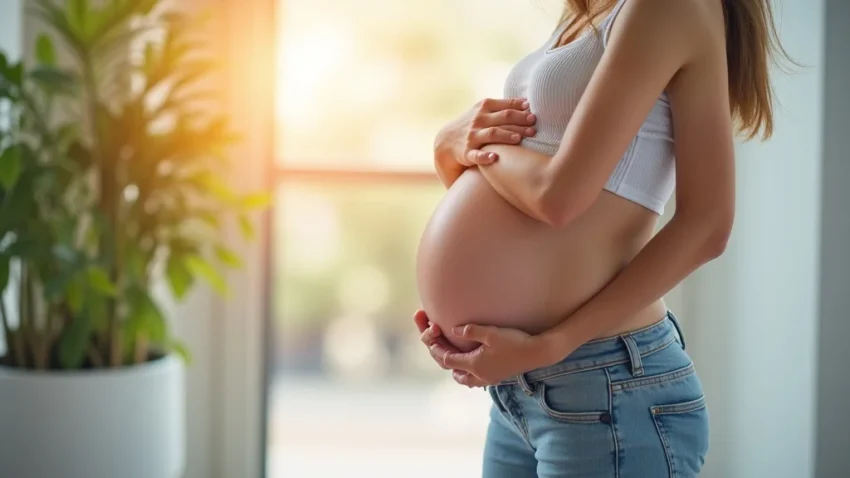The image shows smiling pregnant women and mothers engaging in a Healthy Mothers Healthy Babies Palm Beach Focus program.